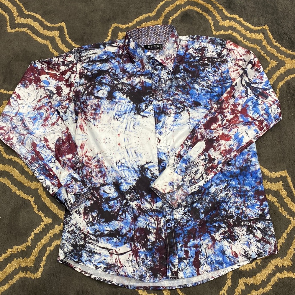 Abstract Art Long Sleeve Button Down Shirt Blue Made in Turkey Size XL